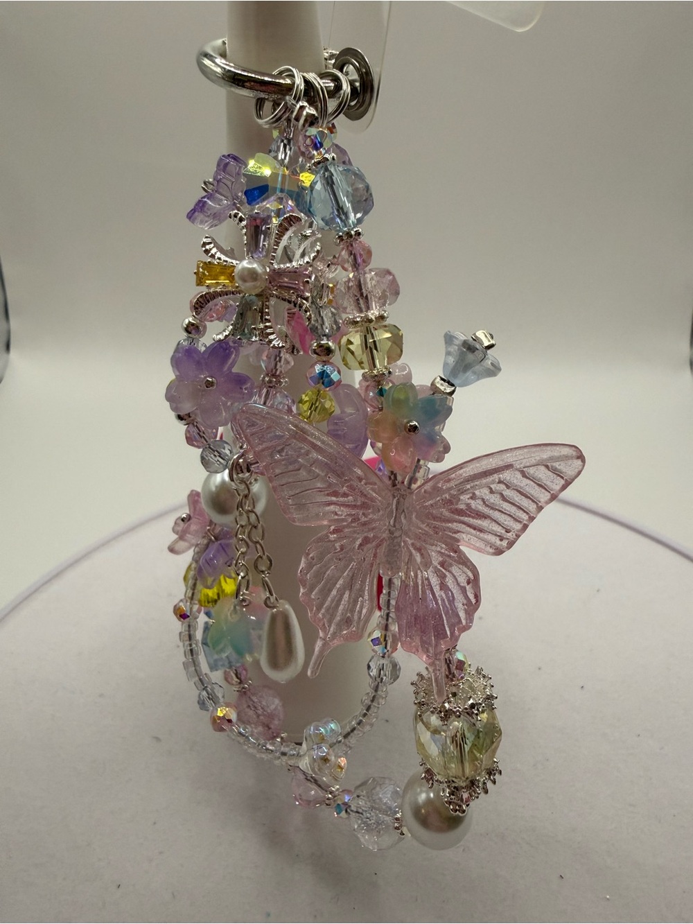 Delicate Pink Butterfly Charm Drop Earrings - Pastel Crystal Accents - Picture 1 of 2